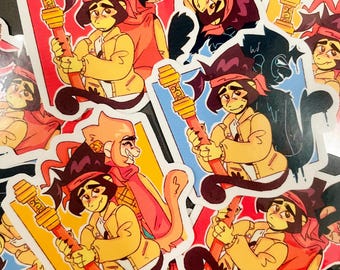 May include: A set of five colorful stickers featuring cartoon monkeys with black tails holding staffs. The monkeys are wearing yellow jackets and red bandanas. The stickers are on a white background.