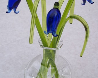 Handmade Glass Bluebells with decorative Grass and fluted Vase set