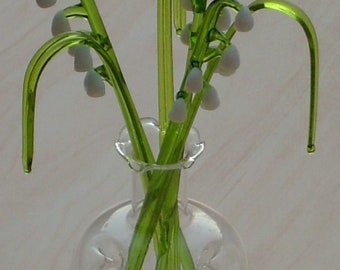 Bunch of Hand made Glass LILY of The VALLEY, Grass and stunning VASE