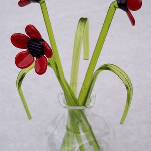 Handgemachte Vase aus Glas, Mohnblumengesteck, grünes Gras
