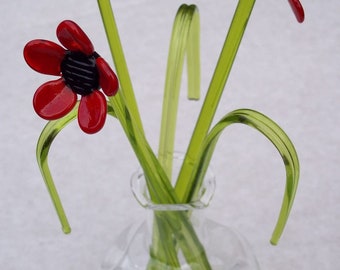 Bunch of Hand Made Glass POPPIES, Decorative GRASS and stunning VASE