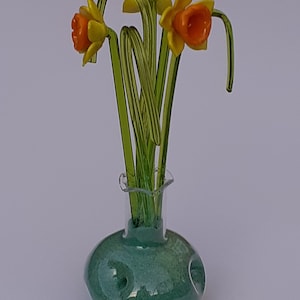 Handmade Glass Daffodils in Decorative Vase, Sand and Grass