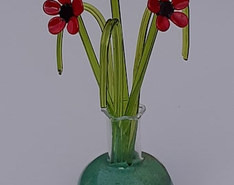 Bunch of Hand made Glass POPPIES, Decorative Sand, GRASS and stunning VASE