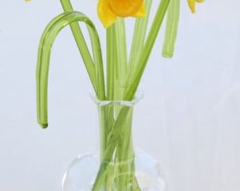 Bunch of Hand Made Glass DAFFODILS, Decorative GRASS and stunning VASE