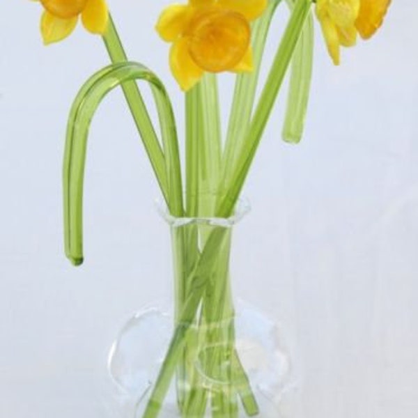 Bunch of Hand Made Glass DAFFODILS, Decorative GRASS and stunning VASE