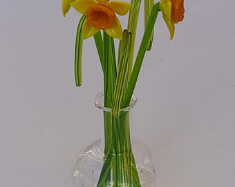 Handmade Glass Daffodils with Vase, Decorative Floral Arrangement