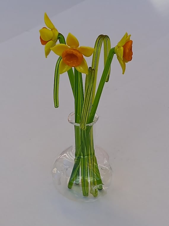 Handmade Glass Daffodils with Vase, Decorative Floral Arrangement