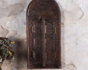 Vintage Jharokha Wall Panel Antique Carved Wooden Window Decor Rustic Indian Heritage Accent 32x50cm