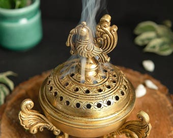 Brass Peacock Incense Burner – Hindu Pooja Decor, Spiritual Gift