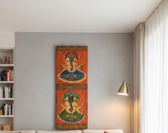 Panel de pared de madera vintage del Señor Ganesha - Arte hindú pintado a mano, decoración de pared antigua de Ganesha - Decoración de templo sagrado, gran tapiz de pared de madera