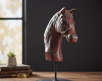 Vintage Wooden Horse Head Sculpture, Rustic Tabletop Figurine, Horse Lover Decor