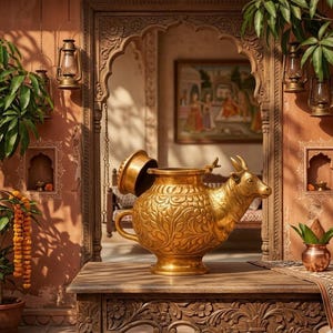 Vintage Copper Nandi Pot | Engraved Indian Holy Water Vessel