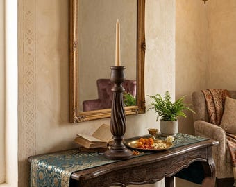 Handcrafted Solid Wood Candle Holder, Antique Wooden Candle Pillar Stand, Rustic Vintage Taper Holder, Boho Farmhouse Table Accent Decor
