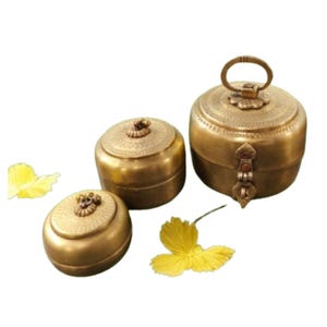 Engraved Brass Trinket Boxes (Set of 3) - Vintage Style Jewelry Holder