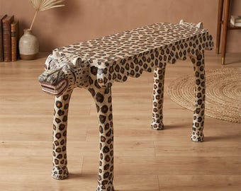 Consola de madera con cabeza de leopardo antigua – Banco y taburete vintage pintados a mano – Decoración de entrada con arte animal exótico – Muebles auxiliares únicos