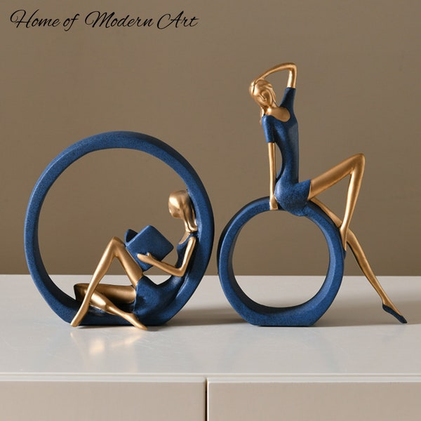 Scandinavian Style - Modern Art Sculpture: Girl and the Ring, Unique Nordic Home Decor Item, Ideal Book Shelf Gift