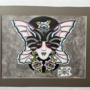 Original Tattoo Style Watercolor Painting Goth Flapper Girl ~~~~ ORIGINAL ~ ( NOT A PRINT ) - Art