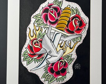 Original Tattoo Style Watercolor Painting ~ Hammerhead Shark ~~~~ORIGINAL ~ ( NOT A PRINT )
