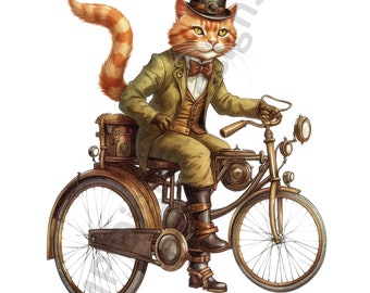 Steampunk Cat on Bike Clipart, 17 afbeeldingen, PNG, digitale download, commercieel gebruik