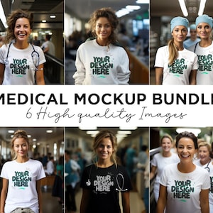Nurse T-Shirt Mockup Bundle, Bella Canvas, Hospital doctor student shirt model, ICU shirt mock, Female healthcare workers white Tee Mockup