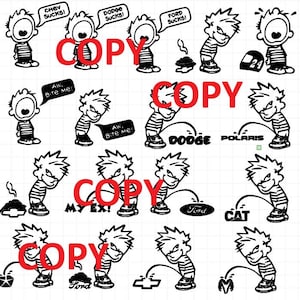 May include: Black and white cartoon illustrations featuring a boy and a tiger. The boy is depicted in various poses, including urinating on logos and speaking in speech bubbles. The tiger stands nearby.