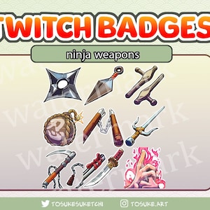 Puede incluir: Un conjunto de nueve insignias de Twitch que representan varias armas ninja, incluyendo estrellas arrojadizas, un kusarigama, una katana, un sai y un kunai. Las insignias son de estilo de dibujos animados y tienen un diseño brillante y colorido.