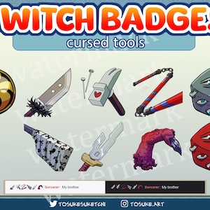 May include: Nine Twitch badges featuring various cursed tools, including a throwing star, a knife, a hammer, a pair of nunchucks, a hand with a knife, a sword, a dice with eyes, and a dice with a single eye. The text "cursed tools" is at the top of the image.