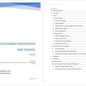 May include: A document titled "Sustainable Innovation and Change" with the subtitle "BS1234". The document is a proposal regarding technical and sustainable change within a global banking business. The document includes a table of contents with headings such as "Business Introduction", "The Problem", "Analysis", "Prepare Approach", "Manage Change", "Reinforce Outcomes", "Conclusions and Recommendations", "Bibliography", and "Appendices".