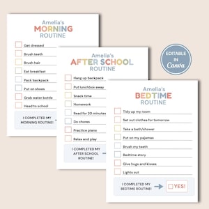 Könnte beinhalten: Drei druckbare Routine-Checklisten mit den Titeln Amelia's Morning Routine, After School Routine und Bedtime Routine. Jede Liste enthält farbigen Text, Kontrollkästchen und ein Abschlussfeld. Ein kreisförmiges Abzeichen besagt Editable in Canva.