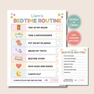 Peut inclure: Un tableau de routine du coucher intitulé Liam's Bedtime Routine avec des lignes aux couleurs pastel illustrées d'icônes pour des tâches comme ranger, se laver, mettre son pyjama, se brosser les dents, lire, câlins et éteindre la lumière.