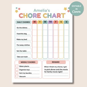 Może przedstawiać: Tabela obowiązków domowych z nagłówkiem Amelia's CHORE CHART w pastelowych kolorach z motywem gwiazdek. Zawiera siatkę na codzienne zadania od poniedziałku do niedzieli, sekcję na cotygodniowe obowiązki z polami wyboru oraz miejsce na nagrody.