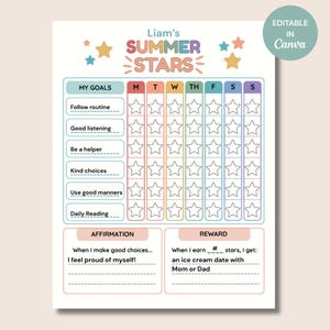 May include: A printable Liam's Summer Stars goal chart featuring a weekly tracker with columns for days of the week, rows for goals like Follow routine and Good listening, and sections for an affirmation and a reward for earning stars.