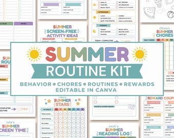 Kit per la routine estiva modificabile per bambini / Modello stampabile e per Canva / Tabella delle faccende domestiche, tabella del comportamento, agenda giornaliera, tracker del tempo trascorso davanti allo schermo