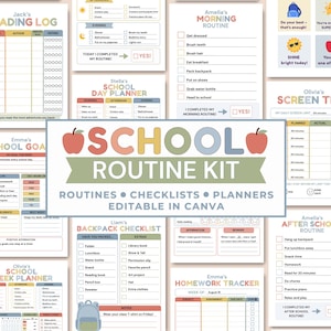May include: A school routine kit featuring various printable planners, checklists, and trackers with pastel-colored text and graphics. The central banner displays the text SCHOOL ROUTINE KIT with red apple icons on each side of the title.