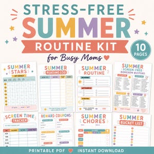 May include: A colorful printable summer routine kit for busy moms, featuring 10 pages of planning tools. Includes a reading log, chore charts, screen time tracker, and a summer bucket list. The kit is available as an instant PDF download.