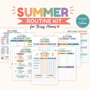 Peut inclure: Ensemble de kits de routine estivale imprimables pour enfants, avec des designs colorés et le texte "SUMMER ROUTINE KIT for Busy Moms." Comprend des journaux de lecture, des tableaux de corvées, des suivis de temps d'écran et des coupons de récompense. Modifiable dans Canva.