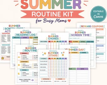 Kit per la routine estiva modificabile per bambini / Modello stampabile e per Canva / Tabella delle faccende domestiche, tabella del comportamento, agenda giornaliera, tracker del tempo trascorso davanti allo schermo