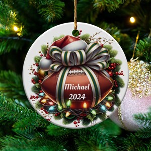 Customizable Text Ornament Pro College Team Colors Ribbon Christmas Gift Personalized 2024 Sports Fan Holiday Decor Green Gold