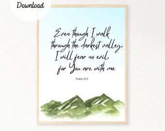 Arte mural con versículo bíblico del Salmo 23:4 - Paisaje de montaña verde - Tema de campamento para habitación de bebé - Arte cristiano para habitación infantil