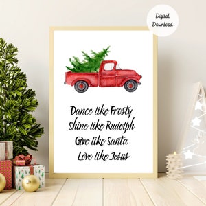 Love Like Jesus Christmas Wall Art - Aquarel Kersttruck - Kerstboom in Rode Vrachtwagen Foto - Vakantiecitaat voor afdrukken - Kerstman