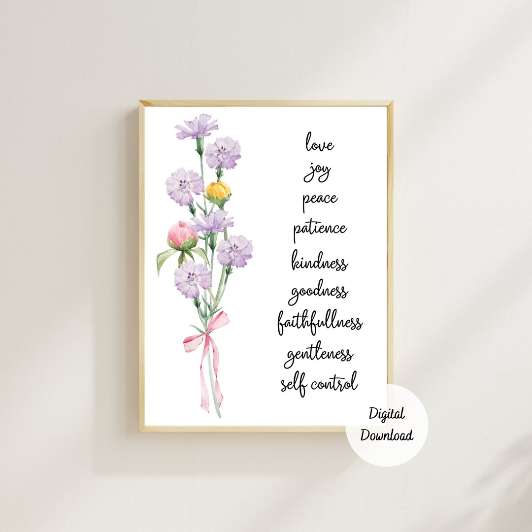 Scripture Verse Ribbon Fruits of the Spirit List - Floral Biblical Wall Art - Purple Flowers ...