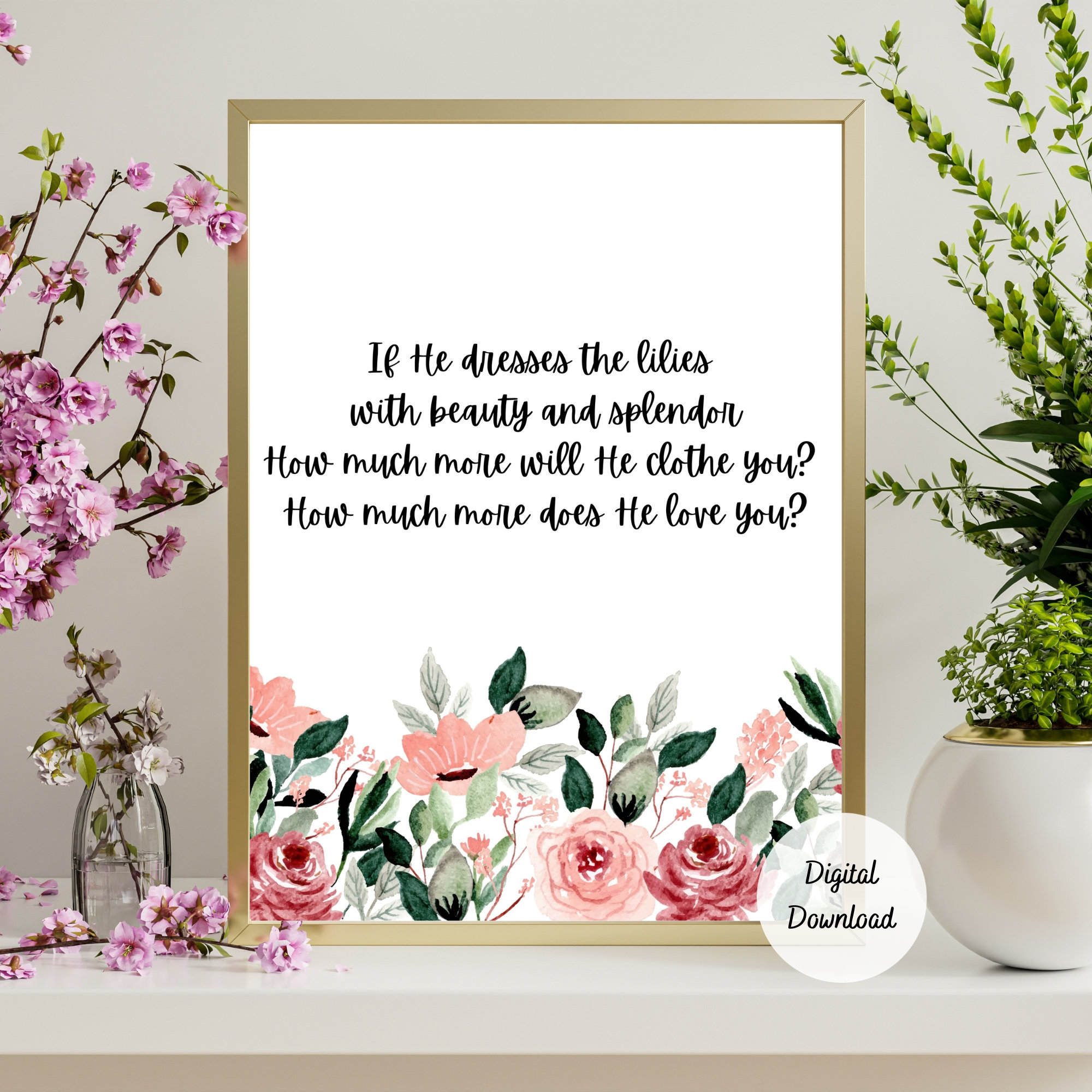 If He Dresses the Lillies With Beauty and Splendor - Jireh Lyrics Wall Art  - Matthew 6:28 Bible Verse - Baby Girl Floral Nursery Decoration - Etsy UK