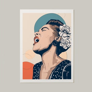 Retrato de Billie Holiday, Impresión de arte de Billie Holiday, Cartel de Billie Holiday, Impresión de arte de música de jazz, Retrato abstracto, Arte de pared boho, Vintage