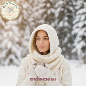 May include: A woman wearing a cream-colored knitted hood, scarf, mittens, and sweater, holding a silver mug. The scene is set in a snowy forest, with snowflakes falling. The image includes the text "CraftyPatternss".