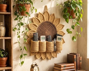 Sunflower Wall Organizer Crochet Pattern, Floral Hanging Pocket Decor PDF