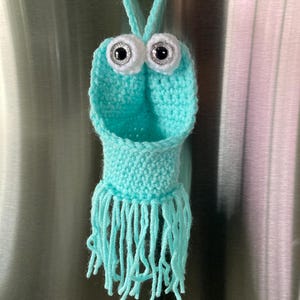 May include: A light blue crocheted hanging basket with a fringe bottom and two large white googly eyes.
