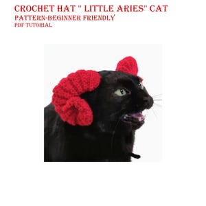 May include: A red crochet hat with curved ram horns worn by a black cat. The text CROCHET HAT LITTLE ARIES CAT PATTERN-BEGINNER FRIENDLY PDF TUTORIAL is visible at the top. The hat features a textured, spiraled design for the horns.