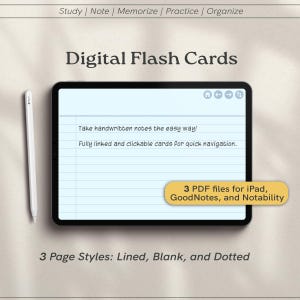 Könnte beinhalten: Eine digitale Karteikartenvorlage für iPad, GoodNotes und Notability. Die Vorlage verfügt über linierte, leere und gepunktete Seitenstile. Der Text auf dem Bildschirm lautet "Schreiben Sie handschriftliche Notizen auf einfache Weise! Vollständig verlinkte und anklickbare Karten für eine schnelle Navigation."