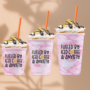 3 Sizes, Handmade Iced Coffee Cozy, Drink Sleeve, Beverage Holder, Coffee Lover Gift, fueled by anxiety, Iced Coffee Coozie