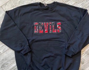 Sweat-shirt lettre universitaire des Devils du New Jersey, col d’équipage de hockey des Devils, vêtements de fans, cadeau de sport, sweat-shirt personnalisé de hockey des Devils du New Jersey
